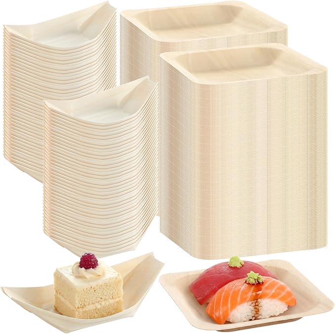 LemonRoad 600 Pcs Disposable Bamboo Appetizer Plates 4" Included 300 Mini Wood Boat Plates Dishes and 300 Small Square Palm Leaf Bowls Sushi Dish Serving Tray Food Container for Catering Home Wedding