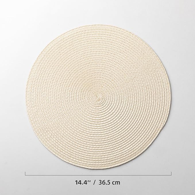 Round Placemats Set of 8 Plastic Woven Placemats Washable Wipeable Table Mats for Dining Table Heat Resistant Non-Slip Circle Place Mats (Beige)