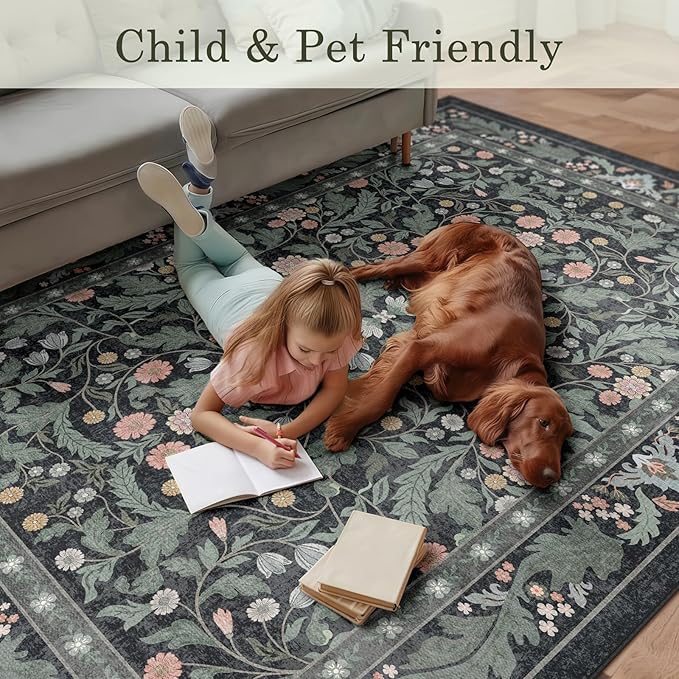 Dark Green Floral 8x10 Area Rugs for Living Room Large Washable Rug Vintage Forest Low Pile Non Slip Stain Resistance Soft Carpet for Dining Room, Bedroom, Kids Room, Nursery Room, Playroom