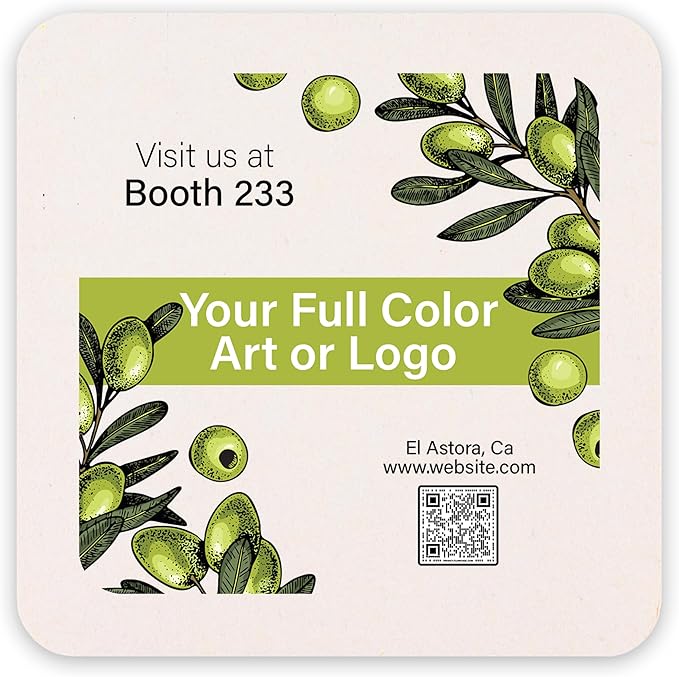 B.E. Green Custom Coasters - Pulpboard Personalized Coasters for Drinks - Full Color Print - Reusable & Absorbent - Beverage Coaster - Promotional Events & Celebrations - Pack of 50 - Square, 4"x 4"