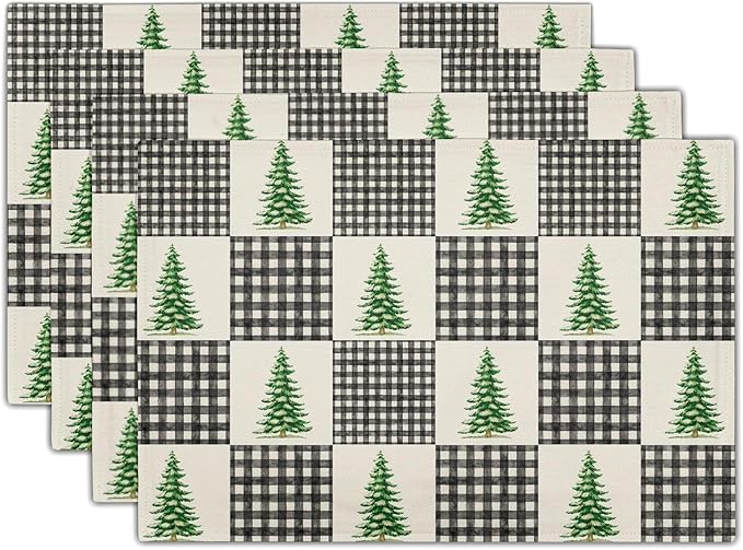 Winter Placemats Set of 4 - Black White Buffalo Plaid Tablemats 12 x 18 mas Tree Place Mats Set for Kitchen Dining Table