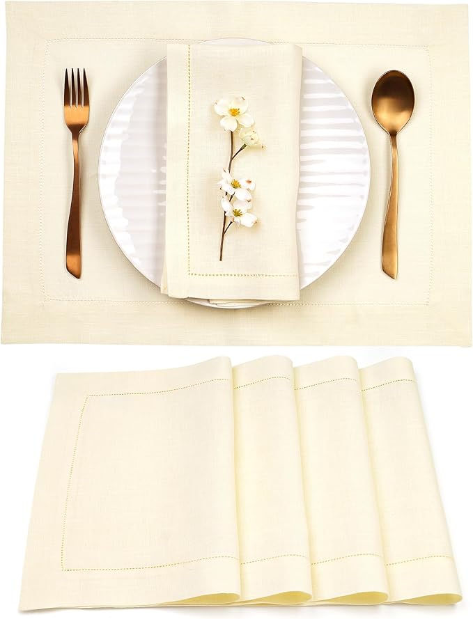 D'Moksha Homes Cream Linen Cloth Placemats Set of 4-100% Pure Linen Hemstitch Placemats 14 x 19 Inch - Classic Hemstitch Table Place Mats for Spring, Easter - Handcrafted and Machine Washable