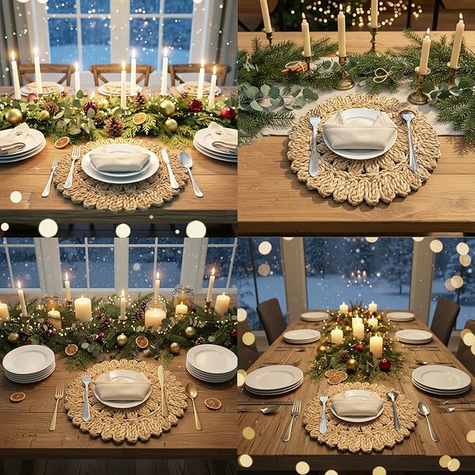 13.8" Round Corn Husk Placemats | Boho Woven Rattan Table Mats | Natural Spring Farmhouse Plate Chargers | Handmade Rustic Wicker Place Mats for Christmas Wedding (Set of 8)