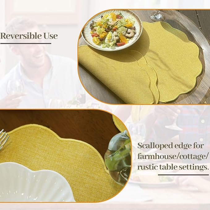 AHHFSMEI Round Faux Linen Placemats Set of 6 Waterproof Table Mats Heat Resistant Non-Slip and Stain Proof for Kitchen Dining Elegant Decor(Yellow,6)