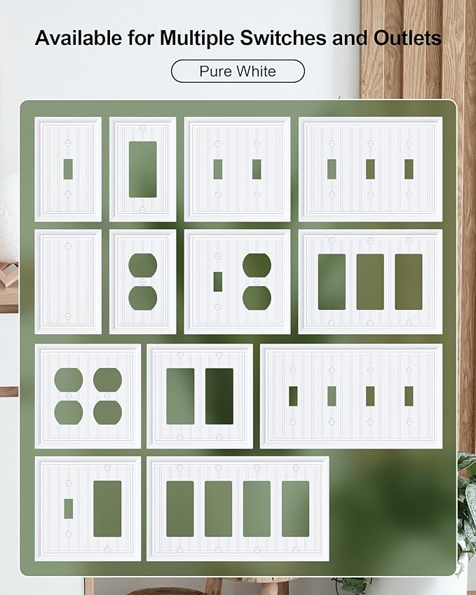 2-Pack Classic Beadboard Decorative Tripple Decorator Outlet Cover Plate, Durable Natural Bamboo Fiber Pure White Wall Plates for Electrical Outlets, Receptacle, GFCI Outlet, Dimmer Switch, 3-Gang