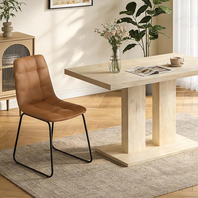 Modern 5-Piece Dining Table Set for 4, 46" Pedestal Dining Room Table with 4 Leather Chairs, Small Space Saving Kitchen Table Set, Natural Wood Finish Rectangle Table for Home & Apartment