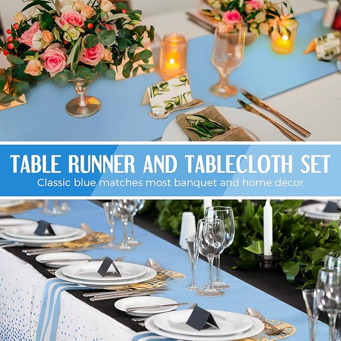 Breling 24 Packs Baby Blue and White Disposable Plastic Tablecloths and Satin Table Runner Set, 54 x 108 Inch Tablecloth, 12 x 108 Inch Table Runners for Wedding Graduation Birthday Baby Shower
