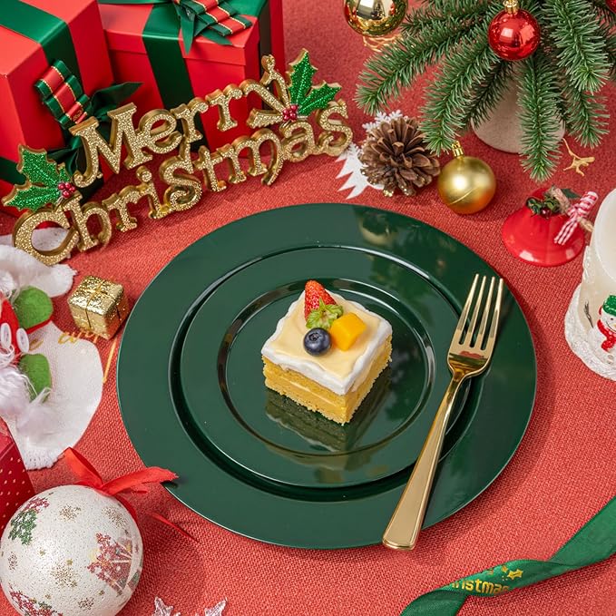 FLOWERCAT 200PCS Dark Green Plastic Plates Disposable Plates for Party - Heavy Duty Plastic Plates - 10" &7" Plate for 100 Guests New Year Parties and Events