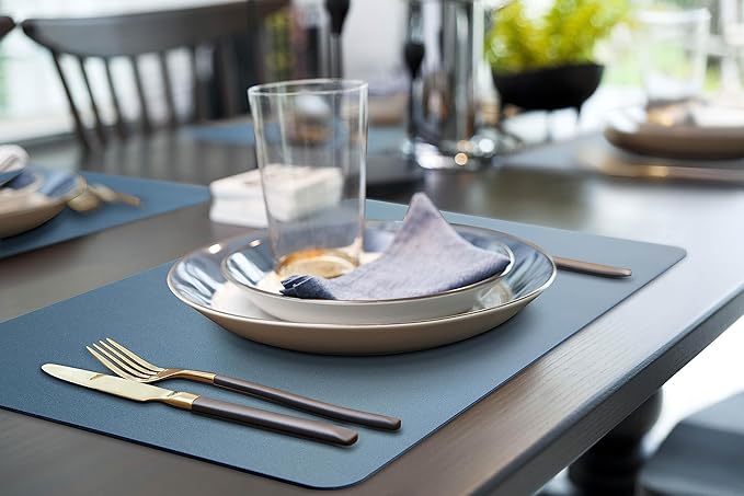 More Décor Faux Leather Placemats Set of 6 for Dining Table – Waterproof, Wipeable, Washable, Stain & Heat Resistant, Non-Slip Table Mats – 12 X 17 Inch, (Solid Blue, 6)
