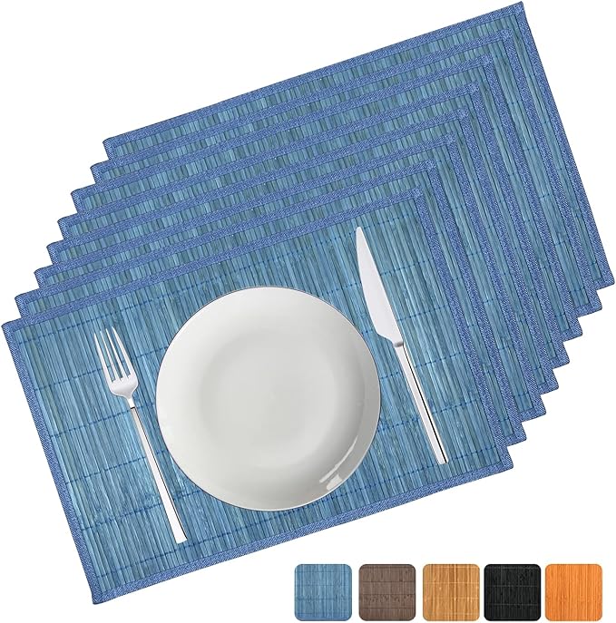 ANDSTAR Bamboo Placemats Set of 8 Non-Slip Waterproof - 12x18 Inch Reusable Table Mats for Kitchen Dining, Eco-Friendly Thick Heat Resistant Dishwasher Safe Home Decor (Blue)
