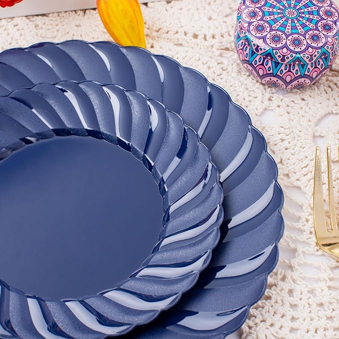 U-QE 100PCS Blue Disposable Plates - Heavy Duty Blue Plastic Hanukkah Plates for Hanukkah/Party/Wedding - Include 50PCS 9inch Dinner Plates and 50PCS 6.5inch Dessert/Salad Plates
