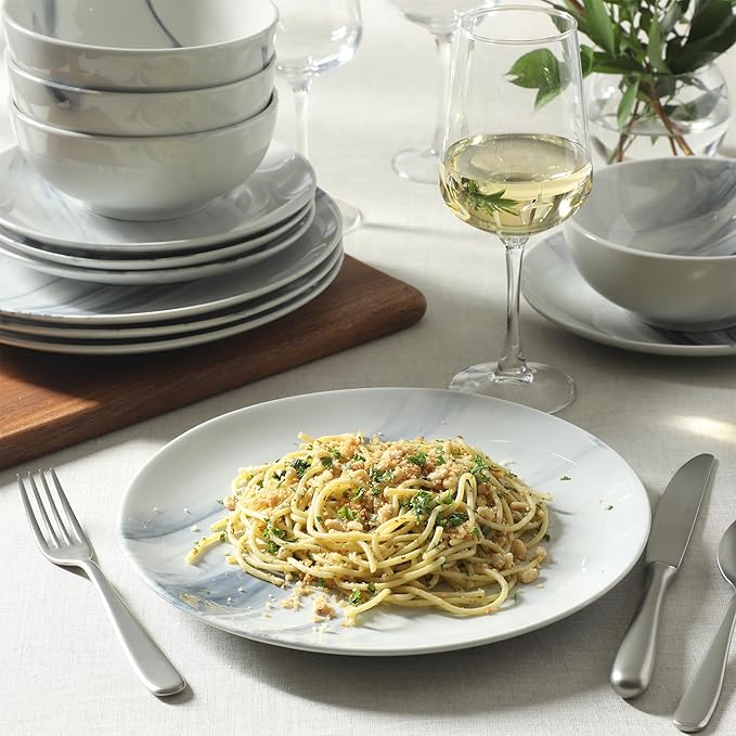 Gibson Home Cloudlight 12 Piece Plates and Bowls Dishes Blue and White - Decorated Porcelain Ceramic Dinnerware Set - Service for 4