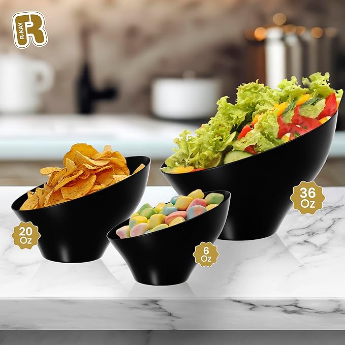 R-kay 6 Pack Angled Black Serving Bowls - Small Plastic bowls 6 oz - Premium Plastic Serving Bowls Heavy Duty For Weddings Catering, parties, And All Occasions (Black, Small)