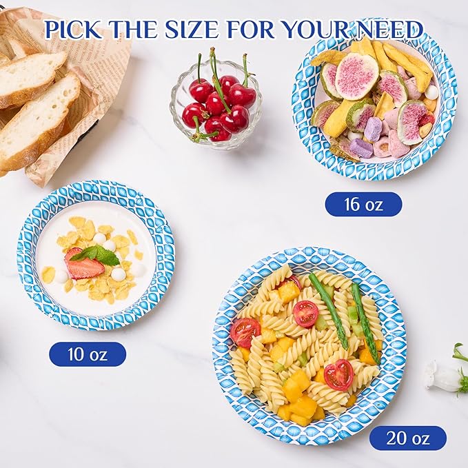 MUCHII 10 Oz Paper Bowls 150 Count Small Bowls, Blue Printed Soak Proof Disposable Bowls for Snacks, Dessert, And Light Lunch Meals
