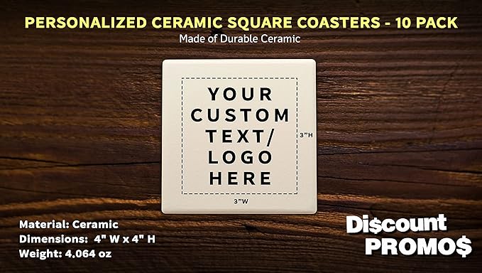 10 4" Square Ceramic Coasters Set - Customizable Text, Logo - Cork Bottom, Serve Ware - Natural