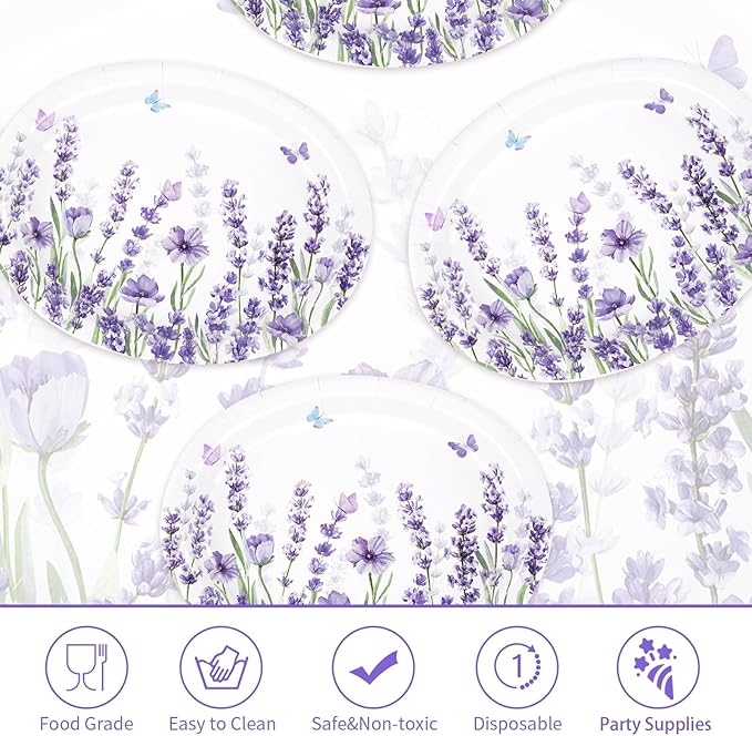50 Pcs Lavender Oval Paper Plates Large 10" x 12" Spring Purple Lavender Floral Plates Disposable Heavy Duty Butterfly Flower Plates for Wedding Purple Baby Shower Lavender Birthday Party Decorations