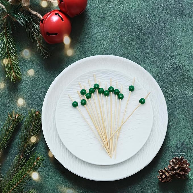 Minisland Dark Green Pearl Cocktail Picks, 4.7 Inch Long Bamboo Fancy Toothpicks for Appetizers, Decorative Christmas Holiday Party Food Drink Garnish Fruit Kabob Skewer Sticks 100 Counts - MSL452