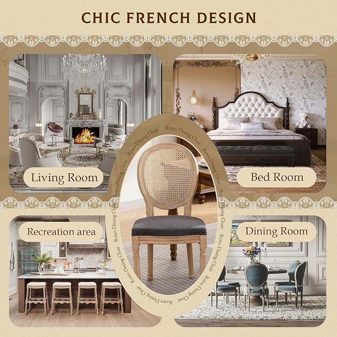 SoarFlash French Dining Chairs Set of 6, Vantage Dining Chair with Round Back, Farmhouse Country Rattan Dining Chair for Kitchen,Bedroom,Deep Grey