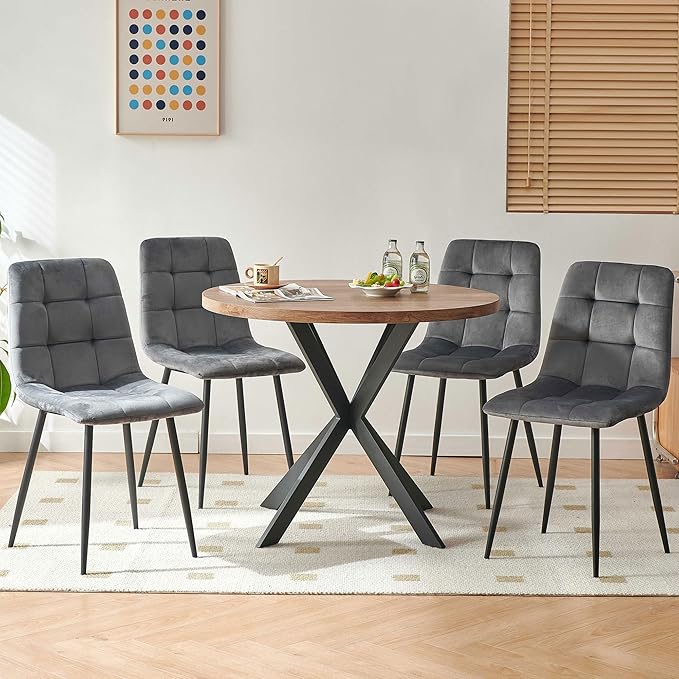Round Kitchen Table and Chairs Set for 4, 37" Round Dining Table MDF Faux Wood Tabletop, Grey Velvet Dining Chairs Upholstered Side Chair with Back
