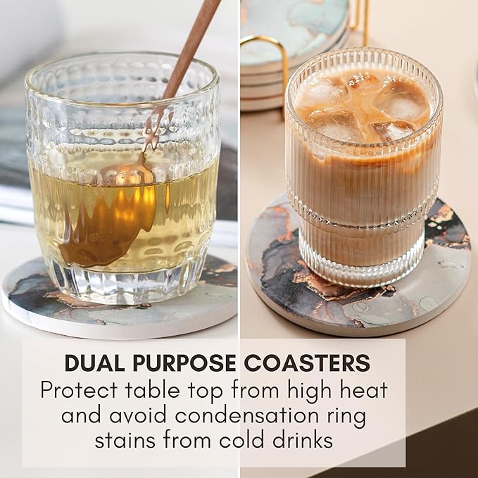 Ceramic Absorbent Coasters Set of 6 with Holder, Marble Drink Coasters for Coffee Table, Water Absorbing Coaster (Twinkle Gold Holder)
