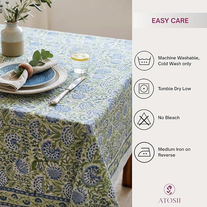 ATOSII Amara 100% Cotton Fall Tablecloth, Handblock Floral Print Rectangle Linen for Kitchen Dining I Parties Wedding Christmas Outdoors Easter I Spring Summer 72 X 140 Inches I 12 Seater