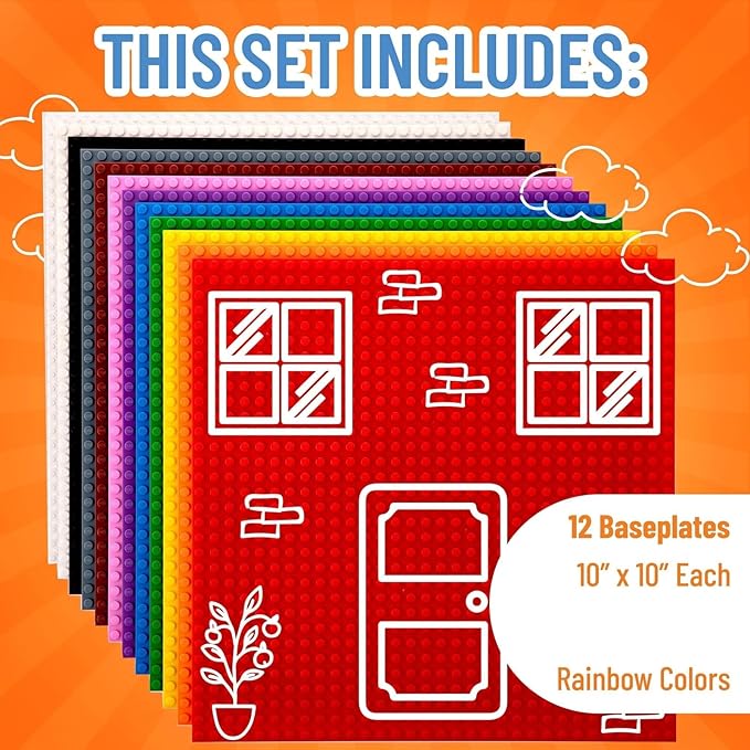 Strictly Briks Stackable Baseplates - 12 Pack 10"x10", 32x32 Studs, Compatible with Lego for Building City Scenes, Foundation, Displays Bricks on Play Table, Kids Easter Gift, Rainbow