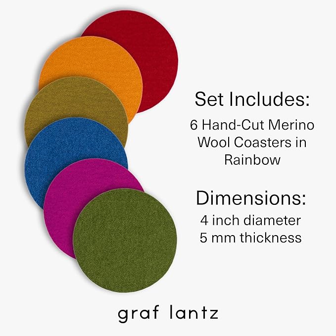 Graf Lantz - Bierfilzl Merino Wool Round Coasters Set of 6 - Rainbow (4" Circles) - Absorbs 30% of Weight - German Wool - Heat Resistant, Sustainable, & Reusable - Home Decor & Coffee Table Decor