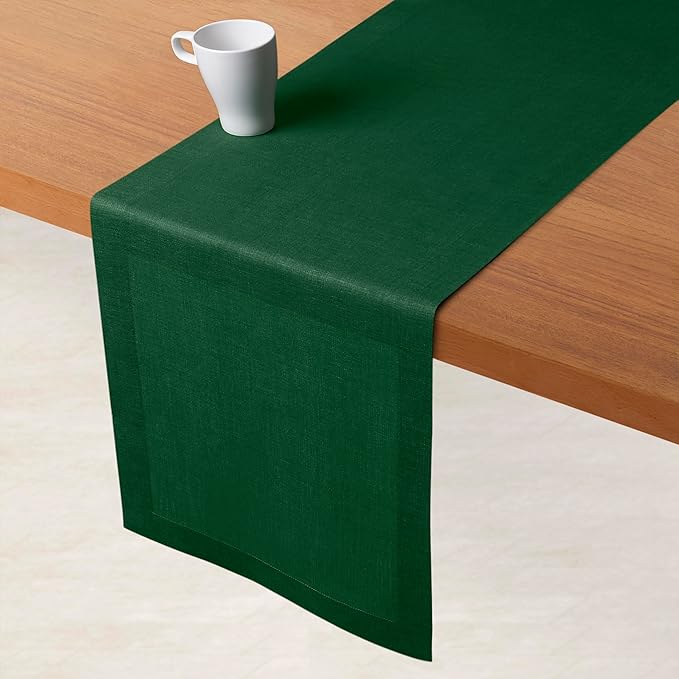 D'Moksha Homes Linen Forest Green Table Runner 120 Inches Long - 100% Pure Linen Dining Table Runner 14 x 120 Inch for St Patricks Day, Easter - Machine Washable