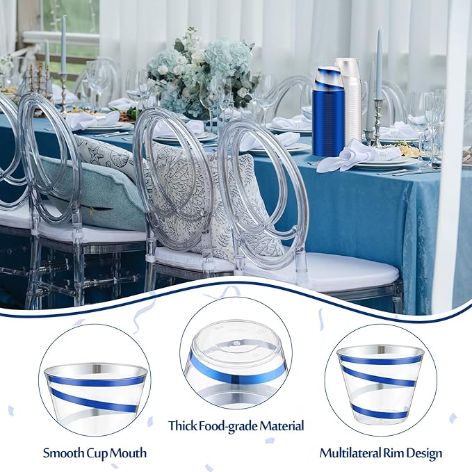 Gejoy 9 oz Rimmed Swirl Plastic Cups Disposable Wine Drinking Cups Clear Elegant Halloween Tumblers for Christmas Party Supplies(Silver, Blue,100 Pcs)