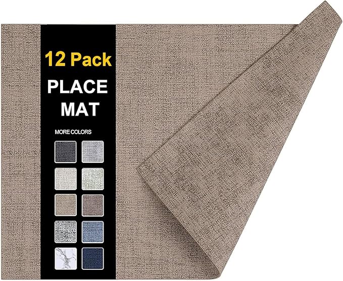 homing Faux Leather Heat Resistant Placemats 12 Packs, Waterproof Wipeable Dining PU Place Mats for Indoor & Outdoor, Easy to Clean, Camel