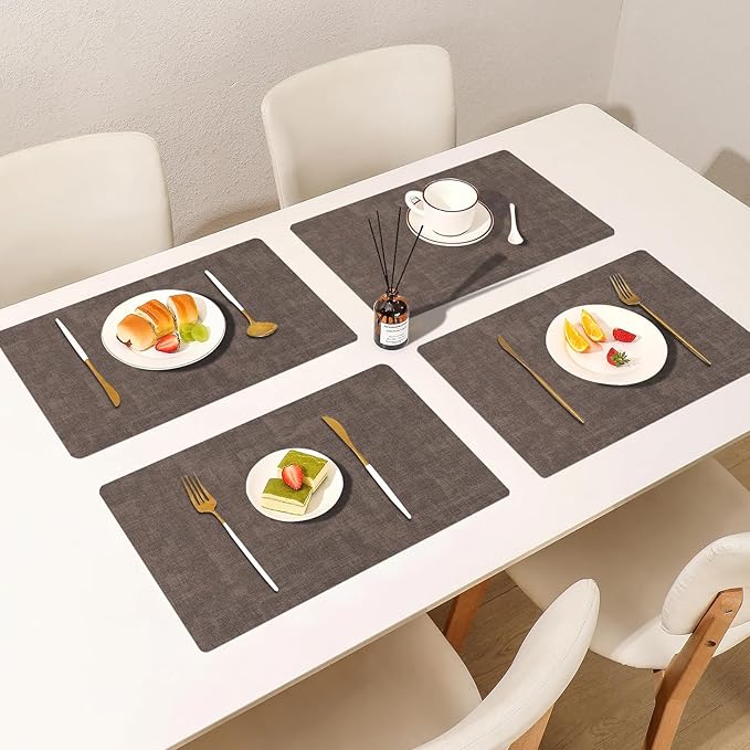 Faux Leather Placemats Set of 6, Heat Resistant Wipeable Washable Vinyl Place Mats, Waterproof Anti-Slip Dining Table Mats, Suitable for Indoor & Outdoor Use (Coffee)