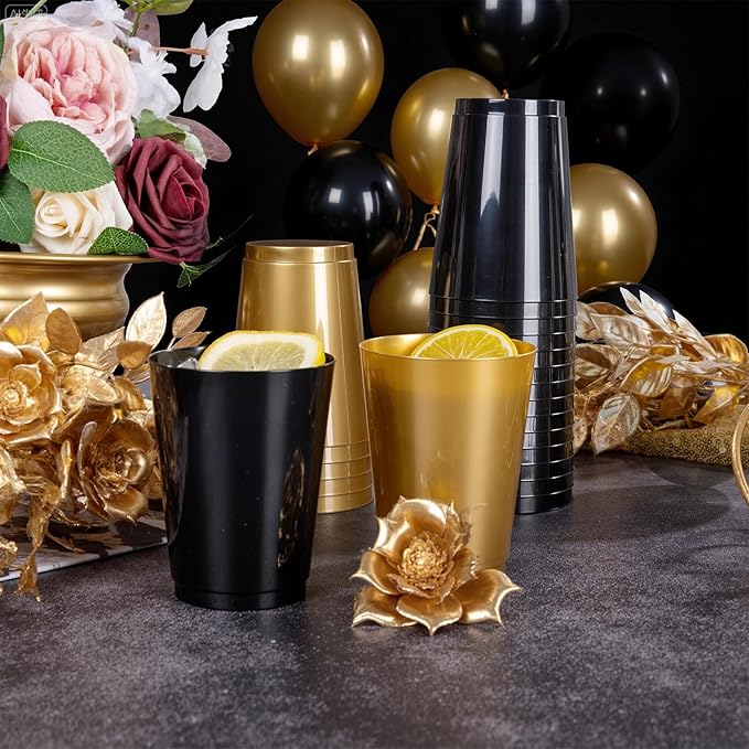 DaYammi 100 Pack Plastic Cups for Party- Disposable Gold Cups and Black Cup Include: 50 Black Plastic Cup, Gold Disposable cup for Party Supplies Festive Celebrations Wine Beer Beverage