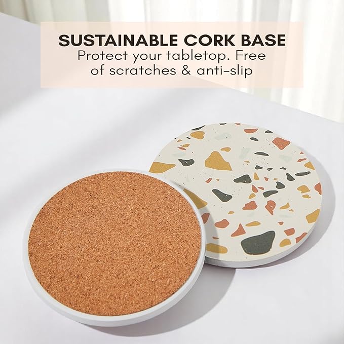 Terrazzo Coasters Set of 6, Ceramic Absorbent Drink Coasters, Cute Moisture Absorbing Coaster, Coffee Table Desk Decor, Colorful Stone Coaster for Drinks (Sunset with Black Holder)