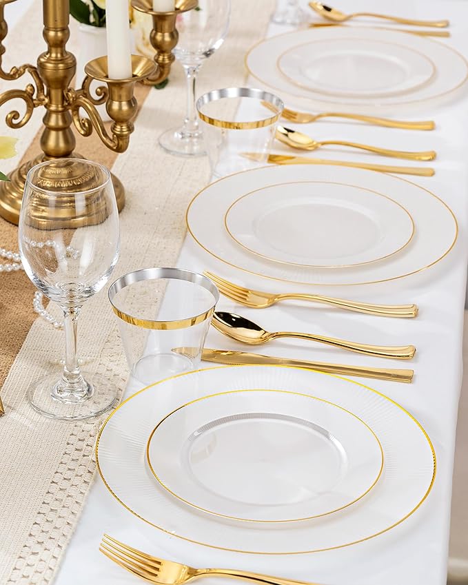 Hioasis 60pcs White and Gold Plastic Plates - White Disposable Dinnerware Set, 30pcs Dinner 10.25in & 30pcs Dessert 7.5in Plates with Striped Designs for Party & Wedding
