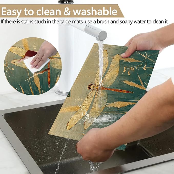 Table Placemats Set of 6, Waterproof Linen Fabric, Non-Slip Backing & Easy Clean, Elegant Dining Table Protectors for Family and Guests(Watercolor Dragonfly)
