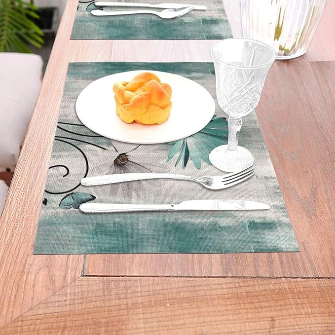 Floral Placemats 12x18 Inches Set of 4, Teal Blue Daisy Floral Decorative Modern Placemats Rectangle Linen Table Mats for Party, Home Kitchen,Dining Table Decoration