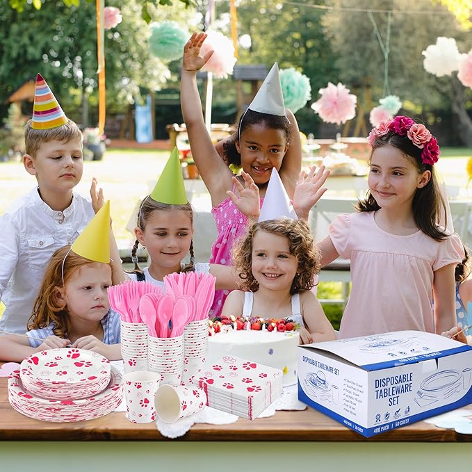 Kochorie 400 Pieces Pink Paw Disposable Party Tableware Sets Dog Puppy Supplies Including Plates Cups Napkins Cutlery Serves 50 for Birthday Puppy Theme Party Decorations