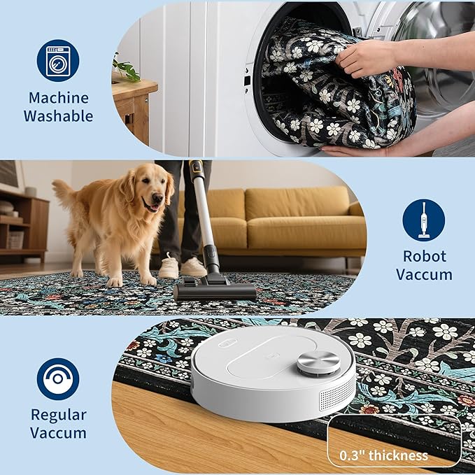 GarveeHome Black Floral 6 ft Round Rug Washable Non-Slip Soft Low Pile Circle Carpet Vintage Rugs for Kitchen Bedroom Nursery Dining Living Room