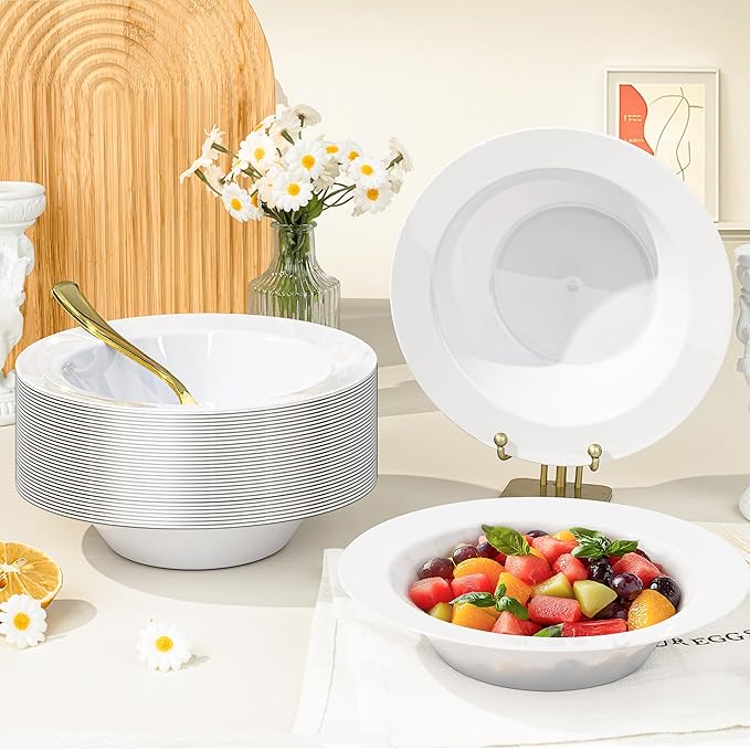 BESTVIP 100 Pack 12 oz White Plastic Bowls, Disposable Soup Bowls, Heavy-duty Dessert Salad Bowl for Christmas, Party, Wedding, Dinner, Catering