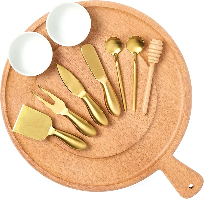 Charcuterie Board Set - Round Beech Wood Cheese Board for Serving with Accessories - House Warming Gifts for New Home, Bridal Shower & Wedding Gift, Birthday Gifts for Women