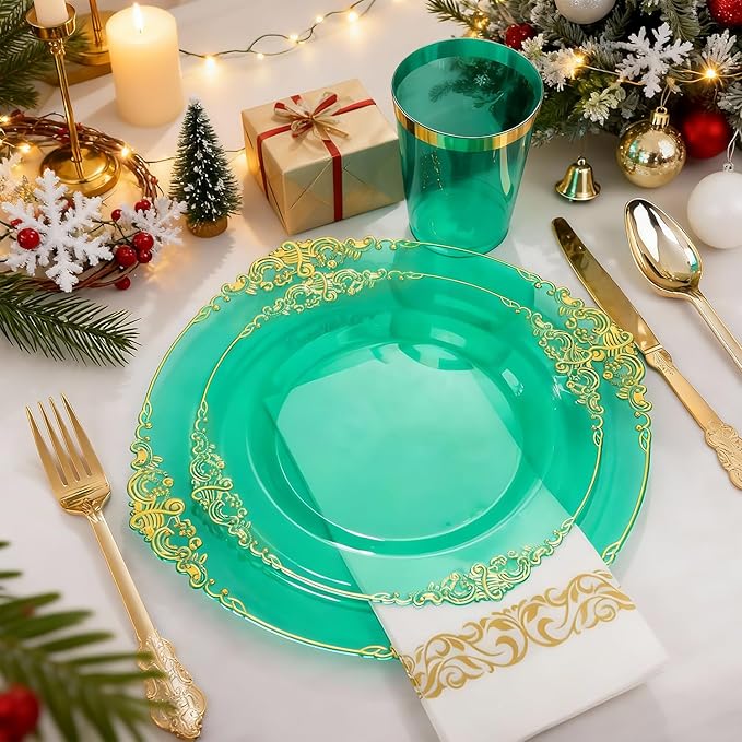 Hioasis 175pcs Clear Green Plastic Plates - Elegant Disposable Dinnerware Set Suitable for 25 Guests Include 10.25" Dinner & 7.5" Dessert Plates, Cutlery, Napkins, Cups for Party & St. Patrick's Day