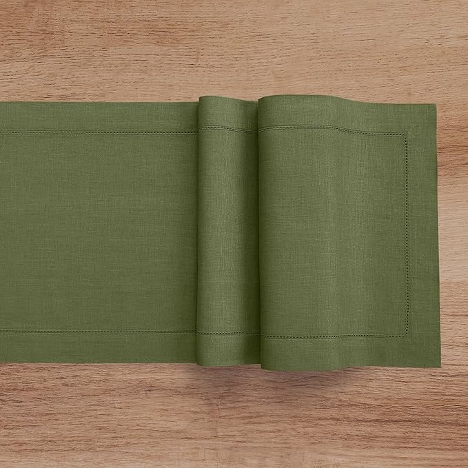 Solino Home Linen Olive Table Runner 72 Inches Long - 100% Pure Linen Hemstitch Table Runner 14 x 72 Inch for Dresser, Dining, St Patricks Day - Classic Hemstitch
