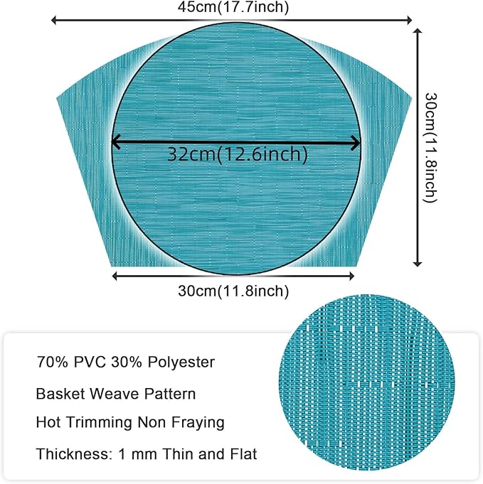 SHACOS Round Table Placemats Set of 7 Woven Vinyl Wedge Placemats with Centerpiece Heat Resistant Table Mats Wipe Clean (7, Teal Blue)