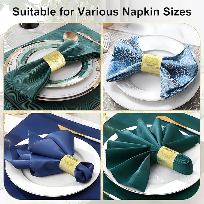 Christmas Napkin Rings Set of 50, 2 Colors in 1, Reusable Adjustable Napkin Bands for Holiday Parties, Wedding, Thanksgiving Table Decor, Waterproof Tear-Proof (Gold) Great Gift Idea