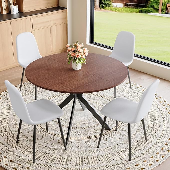 Round Dining Table Set for 4｜42"-54" Extendable Dining Room Table Set｜Wooden Kitchen Table with 4 Chairs｜Mid Century Modern Dinner Table Set with Cross Legs｜Easy Assembly｜Space Saving