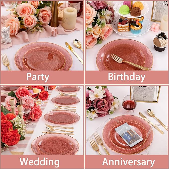 Hioasis 60pcs Burgundy Plastic Plates - Gold Rimmed Disposable, Hammered, Heavy-duty Dinnerware Set Suitable for 30 Guests, 10.25" Dinner & 7.5" Dessert Plates for Party & Wedding