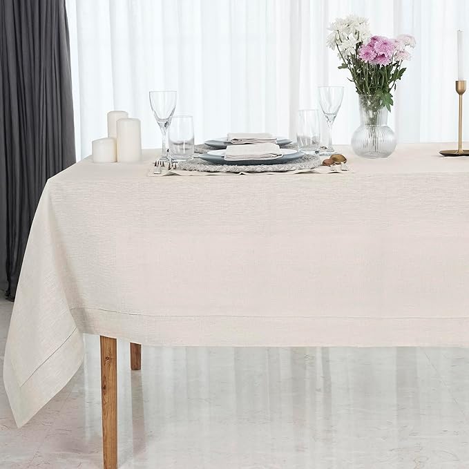 D'Moksha Homes Light Natural Linen Tablecloth for Rectangle Tables 60 x 102 Inch - Classic Hemstitch 100% Pure Linen Natural Table Cloth - Machine Washable Dining Tablecloth for Valentines, Easter