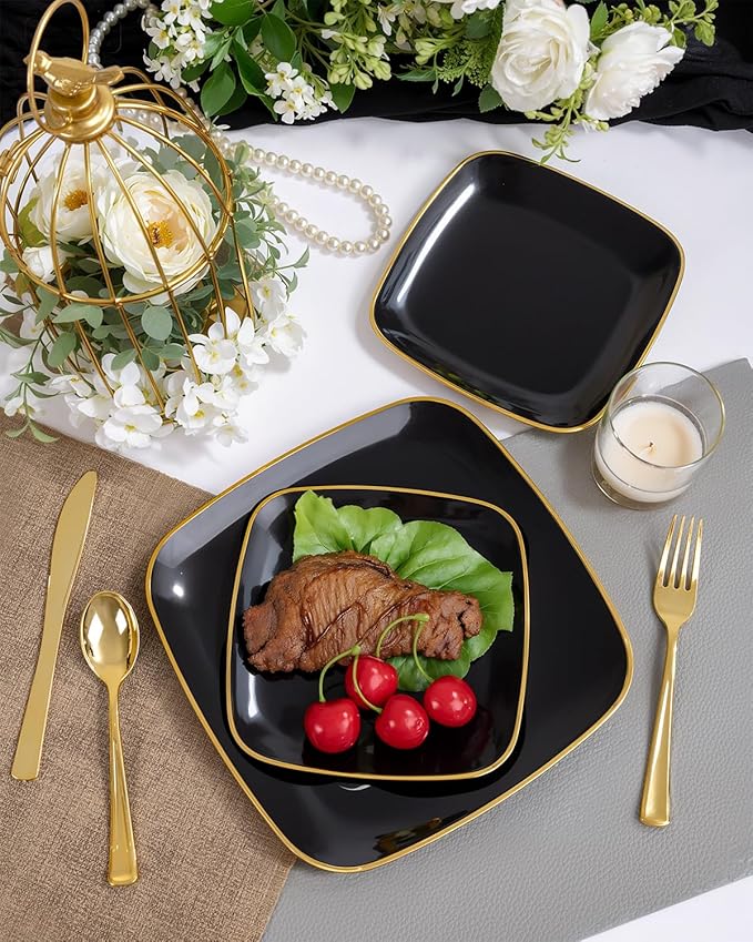 bUCLA 50PCS Black and Gold Plastic Plates - Square Black Gold Plastic Disposable - Include 25 Dinner & 25 Dessert Plates, Ideal for Party & New Year