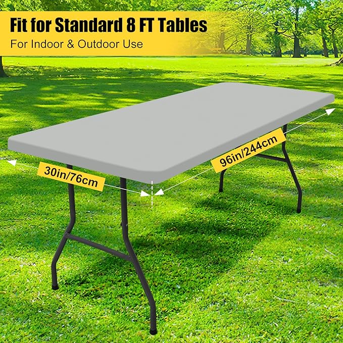 Smiry Rectangle Picnic Table Cloth, Waterproof Elastic Fitted Tablecloths for 8 Foot Tables, Washable Polyester Table Cover for Camping, Outdoor and Indoor (Light Grey, 30"x96")