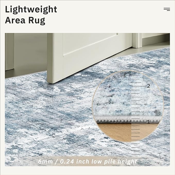 3x5 Rug, Small Area for Kitchen, Entryway, Machine Washable Non-Slip Throw Rug, Vintage Carpet for Nursery Coffee Table Blue